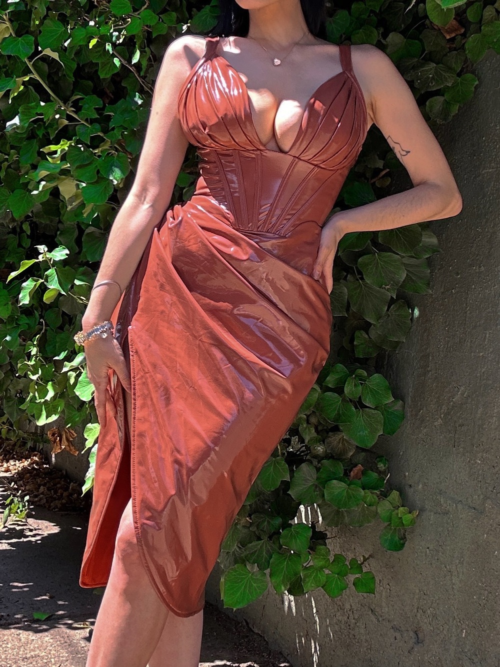 Fashion Nova Satin Corset Midi Dress in Rust